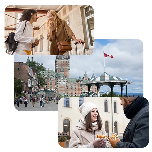 Trois photos de Québec : deux amies qui se retrouvent dans la rue, le Château Frontenac et le kiosque de la terrasse Dufferin, et deux personnes qui partagent une collation dehors en hiver.